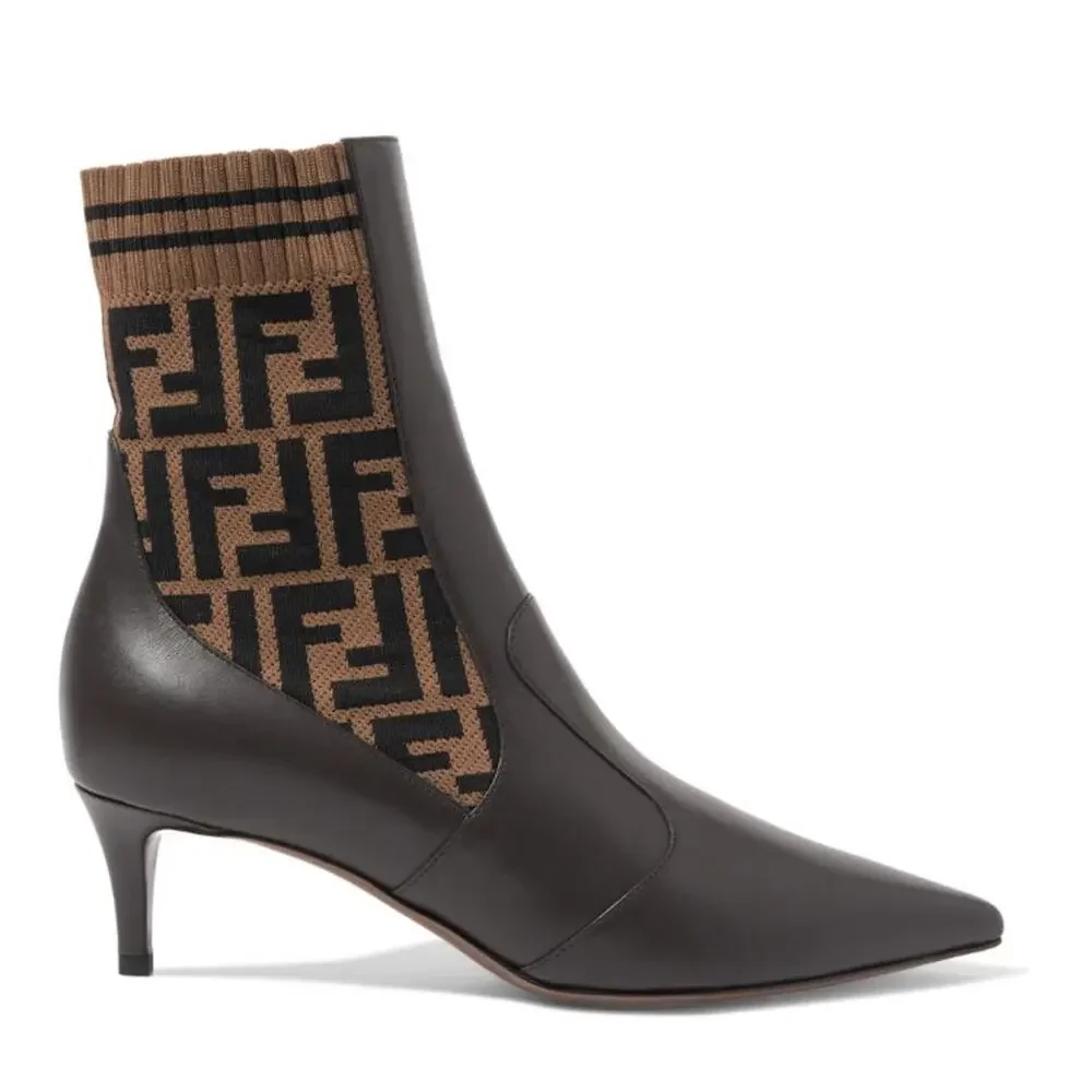 FENDI Rockoko FF logo stretch knit leather ankle boots